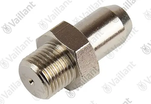 Messnippel der Marke Vaillant, mit Gewinde und rundem Ende. Vorne ist eine Öffnung vorhanden. Metallische Oberfläche, in einem schlichten Design.